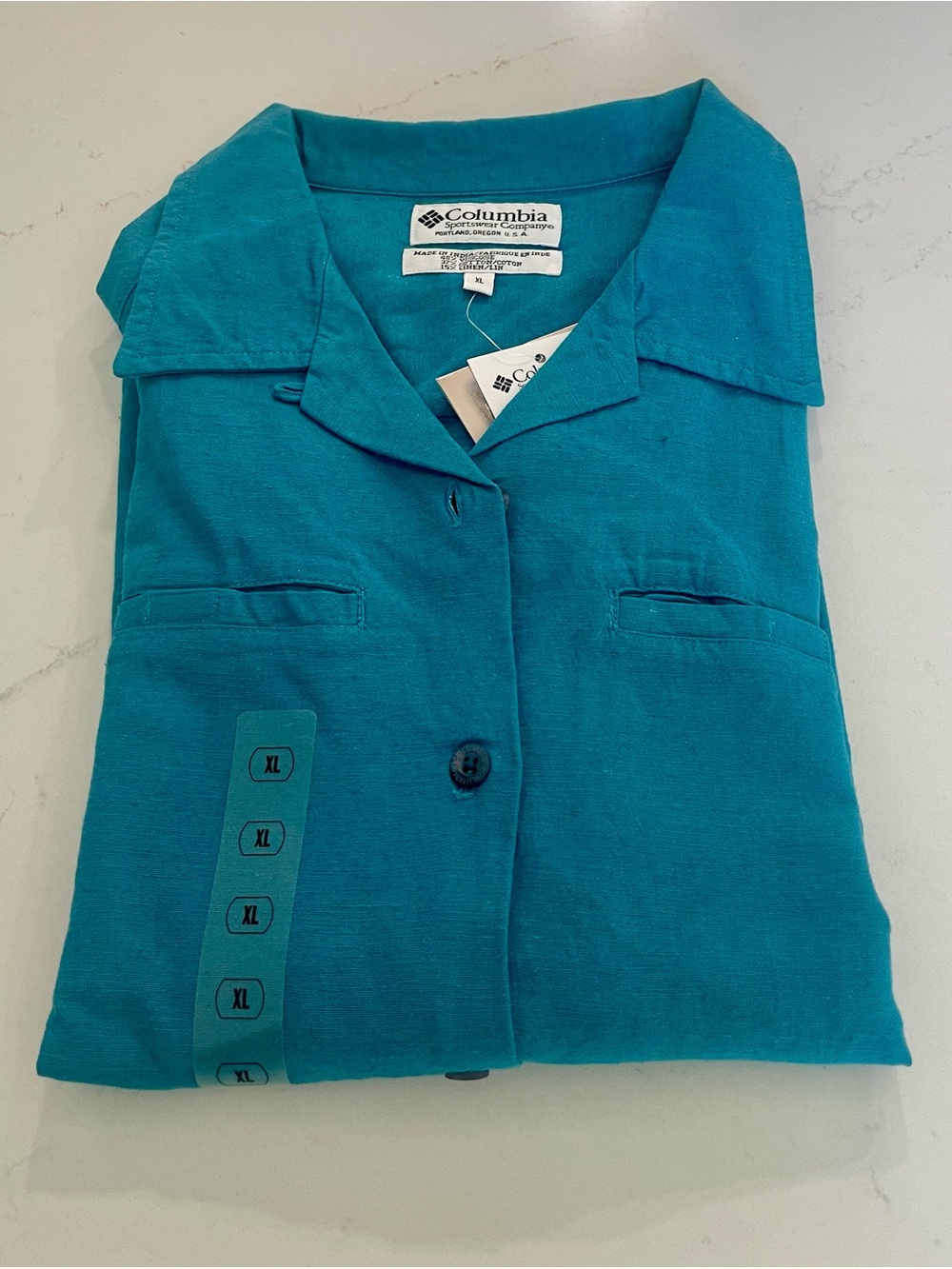 Columbia Women's Teal Button-Front Short Sleeve Linen Cotton Blend Camp Shirt XL